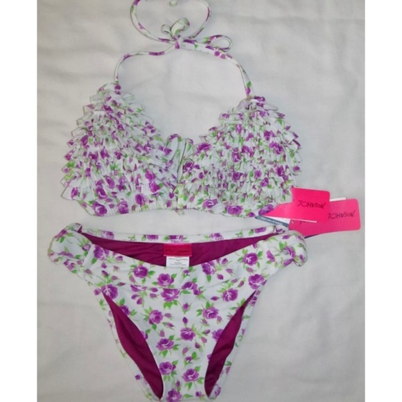 New Betsy Johnson Y2K Vintage Rockin Rose Bikini Swim Suit Set Size Large D DD - Picture 1 of 7